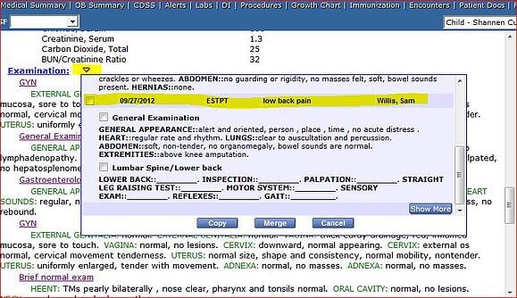 Previous visit information shortcut in eCW