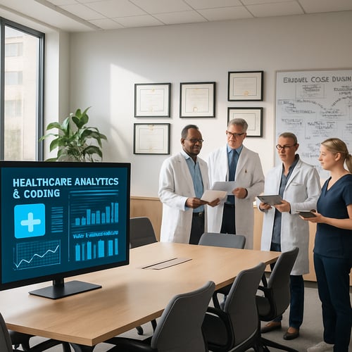 The image depicts a modern healthcare office environment characterized by sleek minimalist design A large conference table sits in the center surround